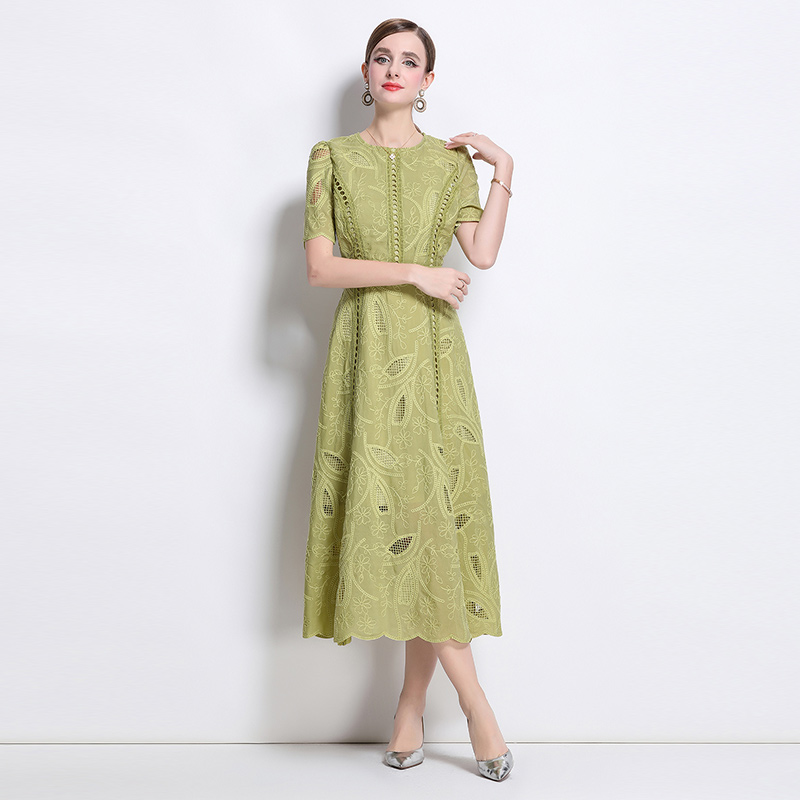 Short sleeve retro dress pinched waist long dress