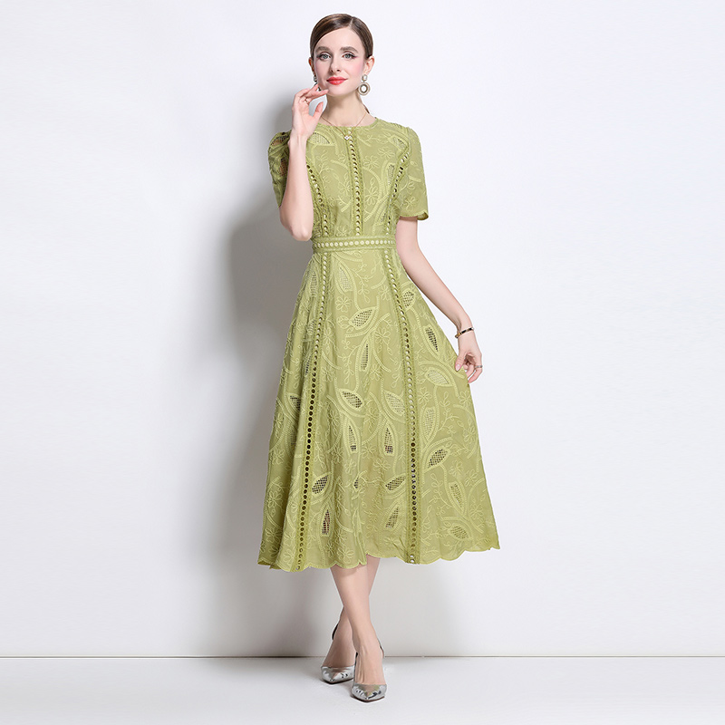 Short sleeve retro dress pinched waist long dress