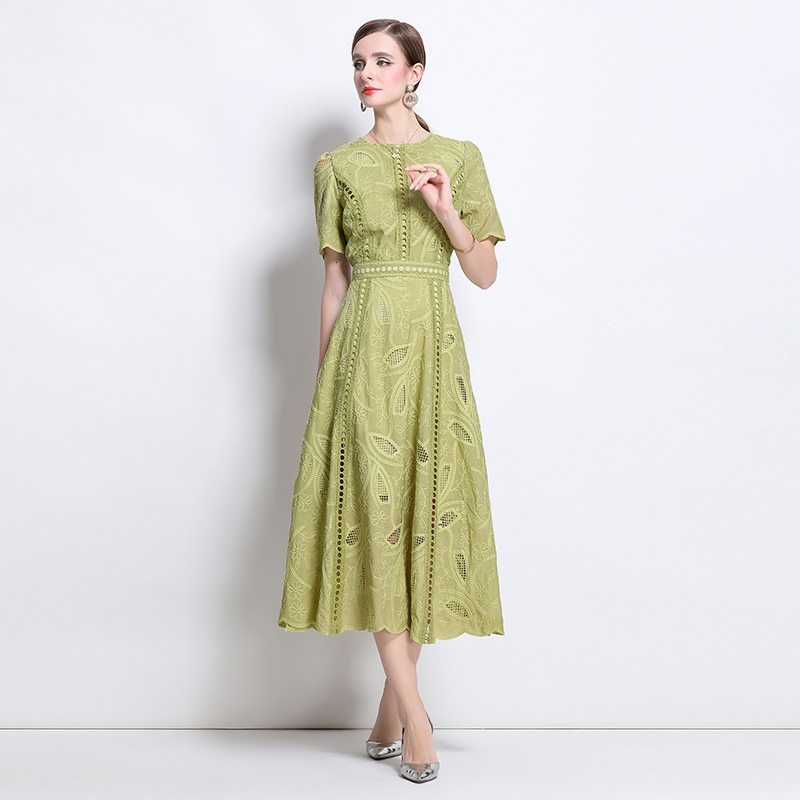 Short sleeve retro dress pinched waist long dress