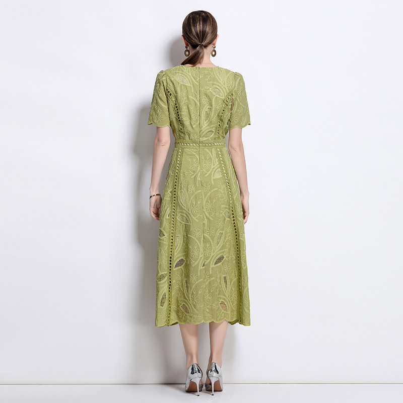 Short sleeve retro dress pinched waist long dress