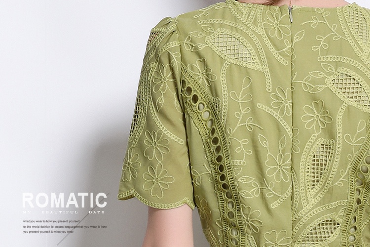 Short sleeve retro dress pinched waist long dress