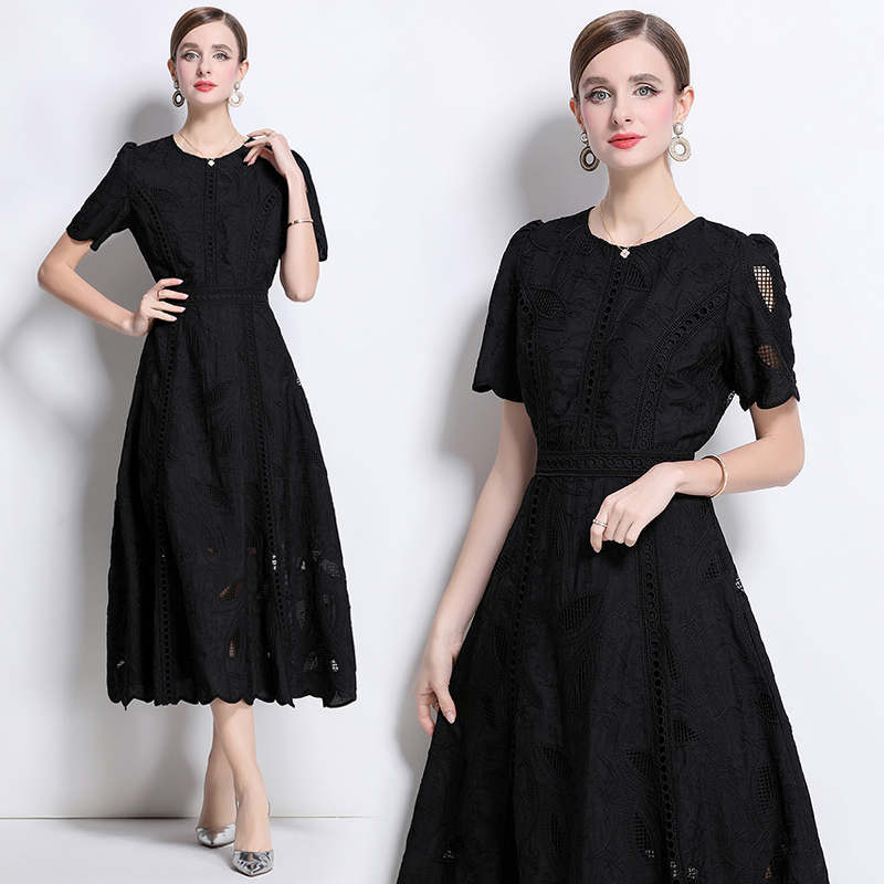 Hollow pinched waist long dress slim retro dress for women