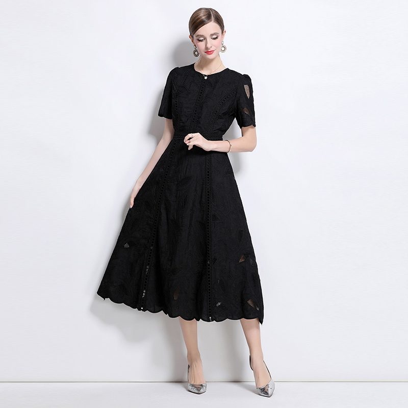 Hollow pinched waist long dress slim retro dress for women