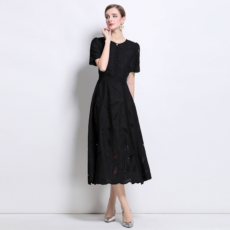 Hollow pinched waist long dress slim retro dress for women