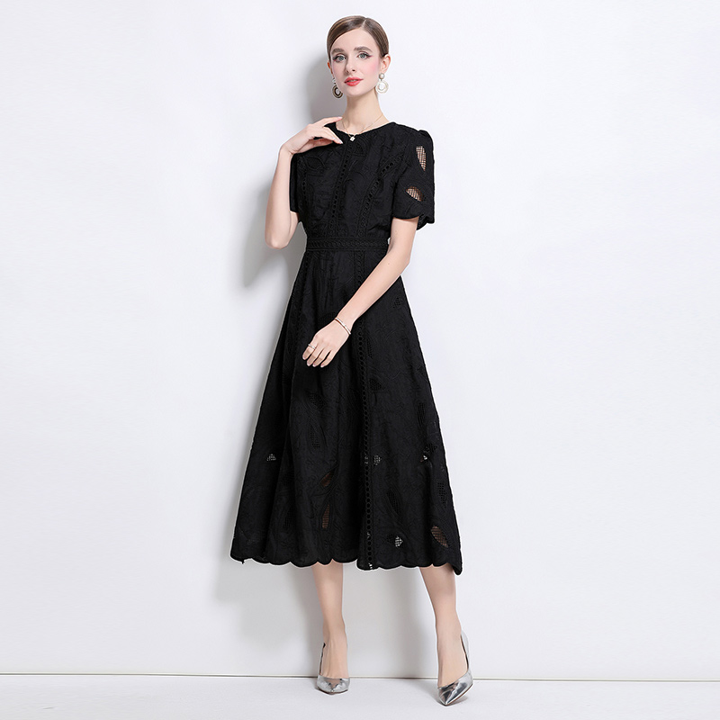 Hollow pinched waist long dress slim retro dress for women