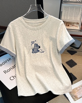 Niche short sleeve splice tops round neck plaid summer T-shirt