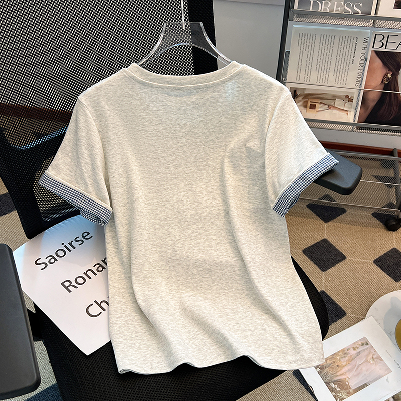 Niche short sleeve splice tops round neck plaid summer T-shirt