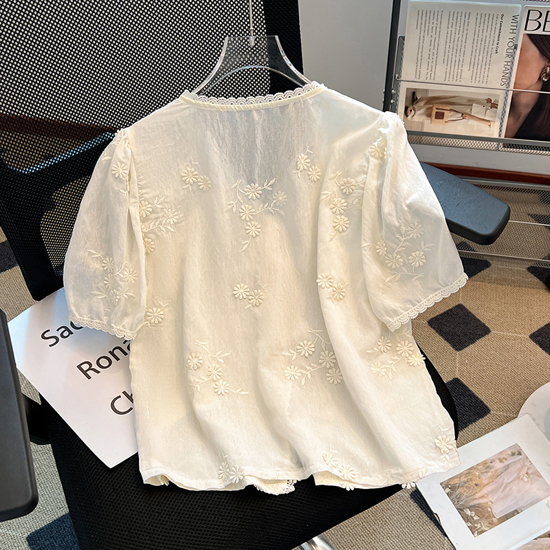 Embroidery apricot tops short sleeve shirt for women