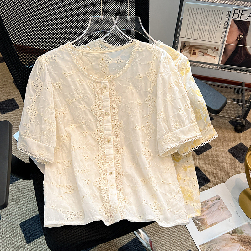 Embroidery yellow shirt summer short sleeve tops for women