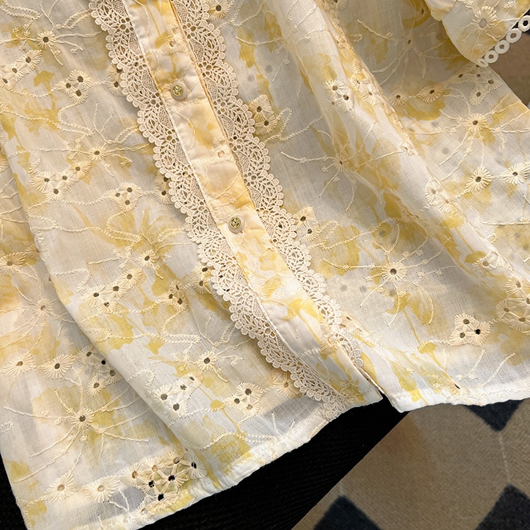 Embroidery yellow shirt summer short sleeve tops for women