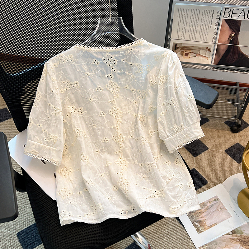 Embroidery yellow shirt summer short sleeve tops for women