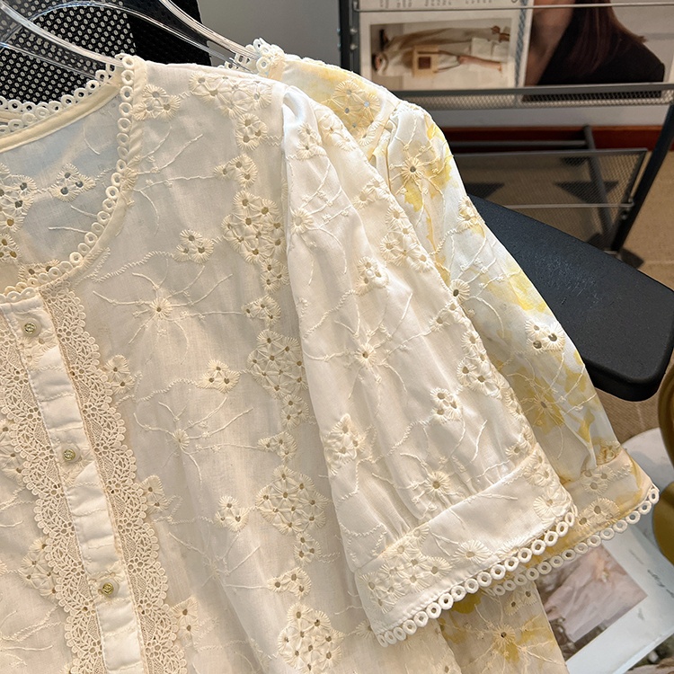 Embroidery yellow shirt summer short sleeve tops for women
