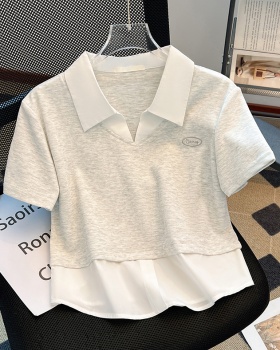 Embroidery lapel tops slim short T-shirt for women