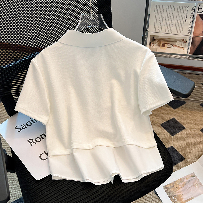 Embroidery lapel tops slim short T-shirt for women