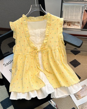 Plaid summer tops Korean style cardigan 2pcs set for women