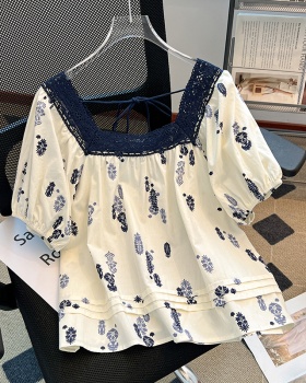 Short sleeve square collar shirt floral small shirt for women