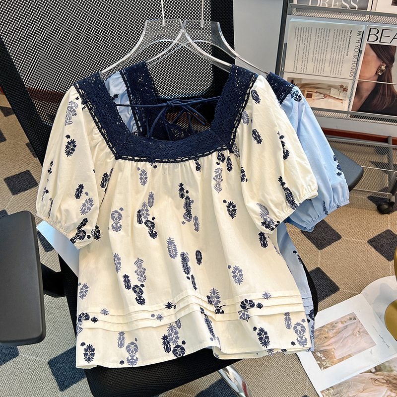 Short sleeve square collar shirt floral small shirt for women