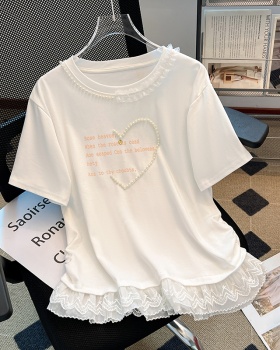 Lace white splice tops round neck summer T-shirt for women