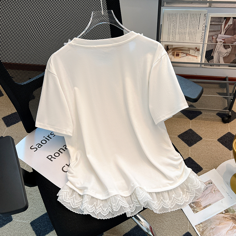 Lace white splice tops round neck summer T-shirt for women