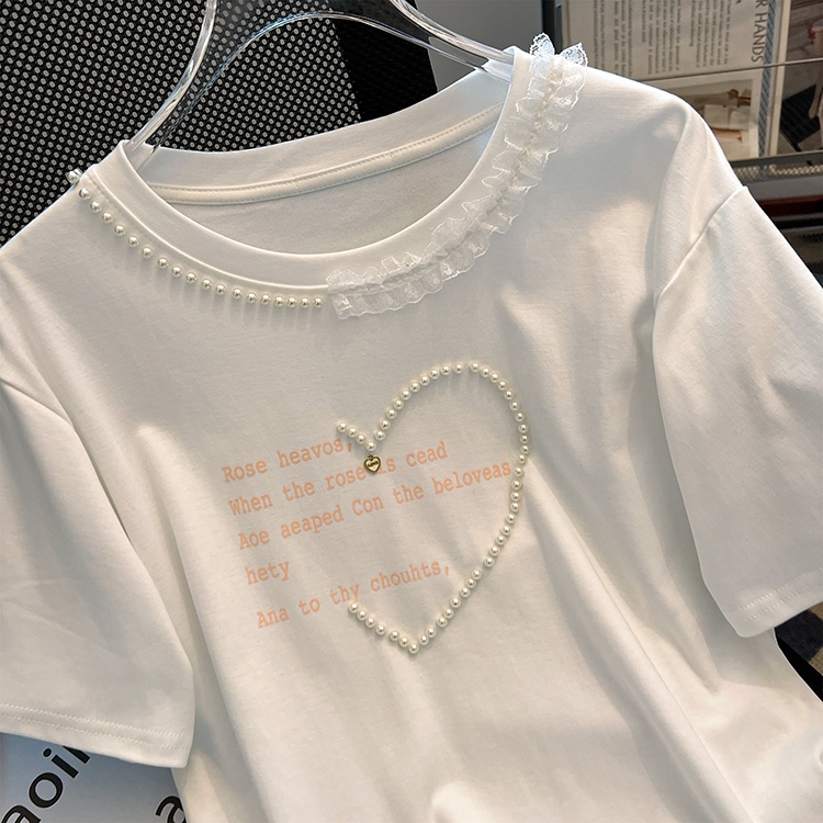 Lace white splice tops round neck summer T-shirt for women