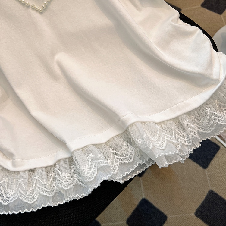 Lace white splice tops round neck summer T-shirt for women