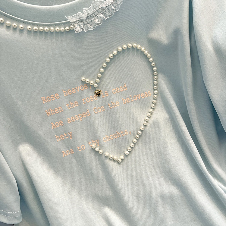 Lace white splice tops round neck summer T-shirt for women