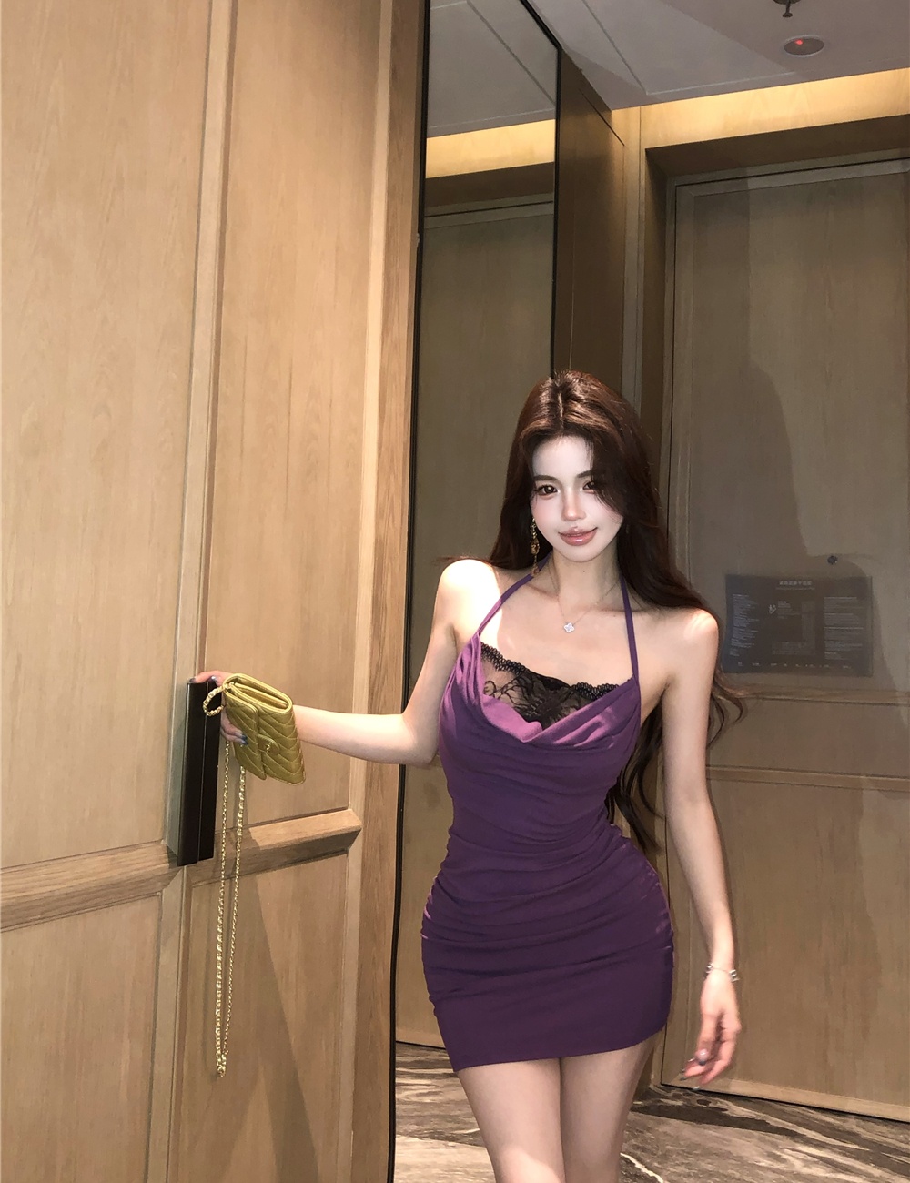 Splice bandage sexy package hip fold Pseudo-two lace dress