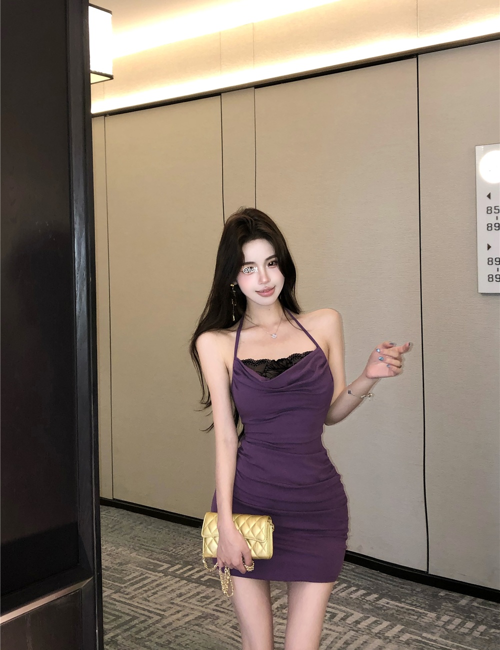 Splice bandage sexy package hip fold Pseudo-two lace dress