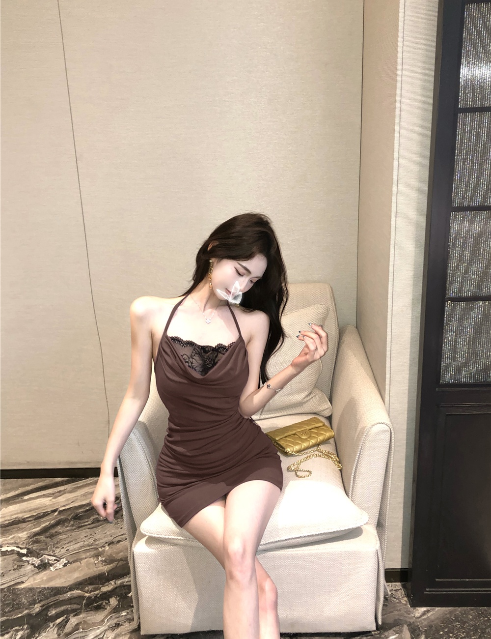 Splice bandage sexy package hip fold Pseudo-two lace dress