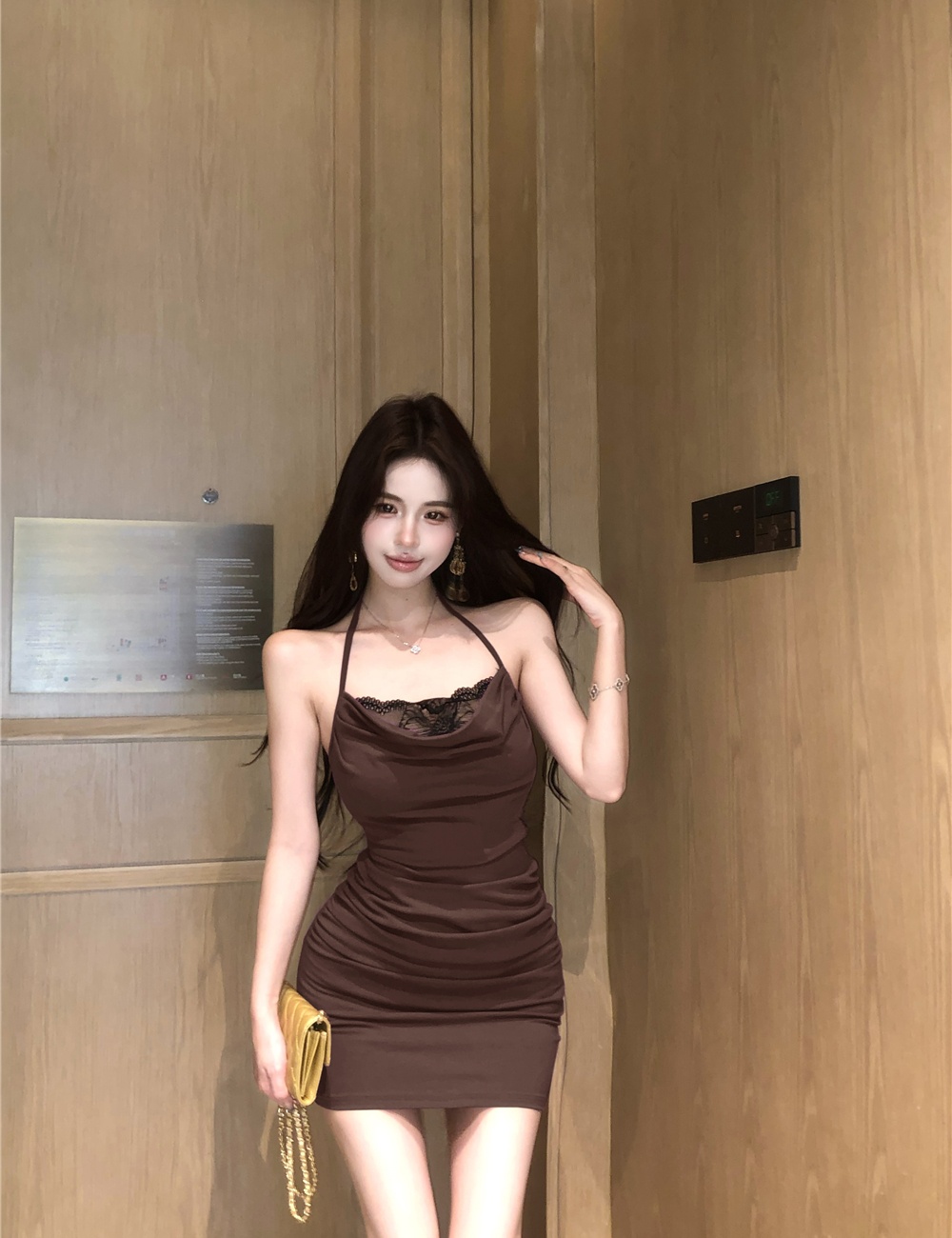 Splice bandage sexy package hip fold Pseudo-two lace dress
