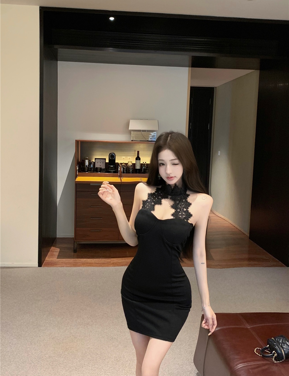 Enticement slim crochet halter spicegirl package hip dress