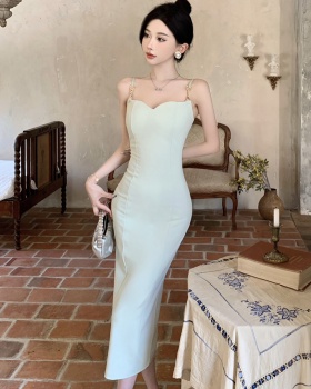Retro metal buckles dress sling slim long dress