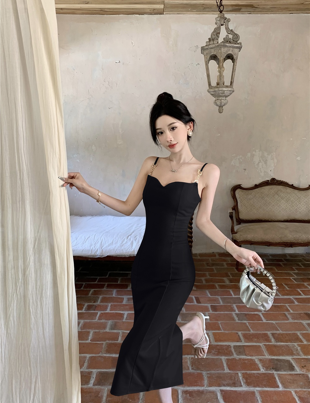 Retro metal buckles dress sling slim long dress