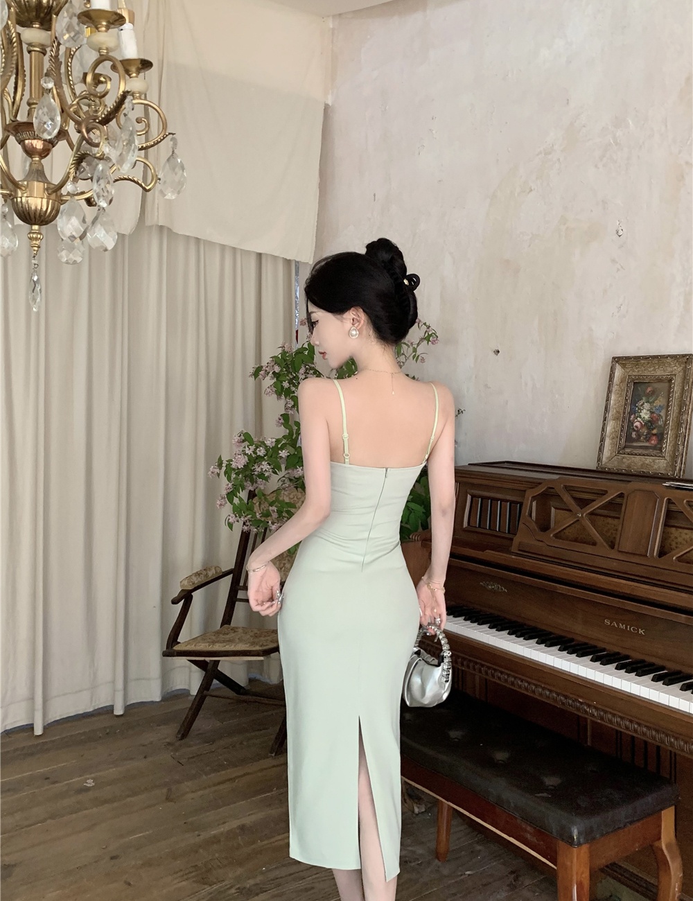 Retro metal buckles dress sling slim long dress