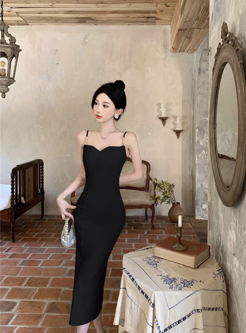 Retro metal buckles dress sling slim long dress