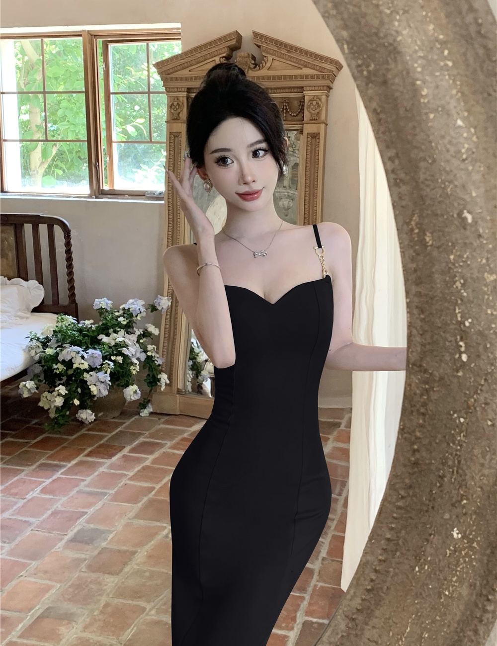 Retro metal buckles dress sling slim long dress