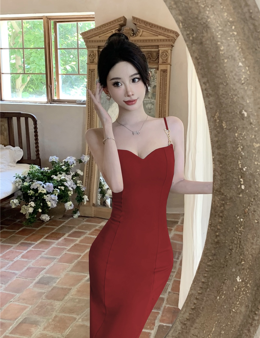 Retro metal buckles dress sling slim long dress
