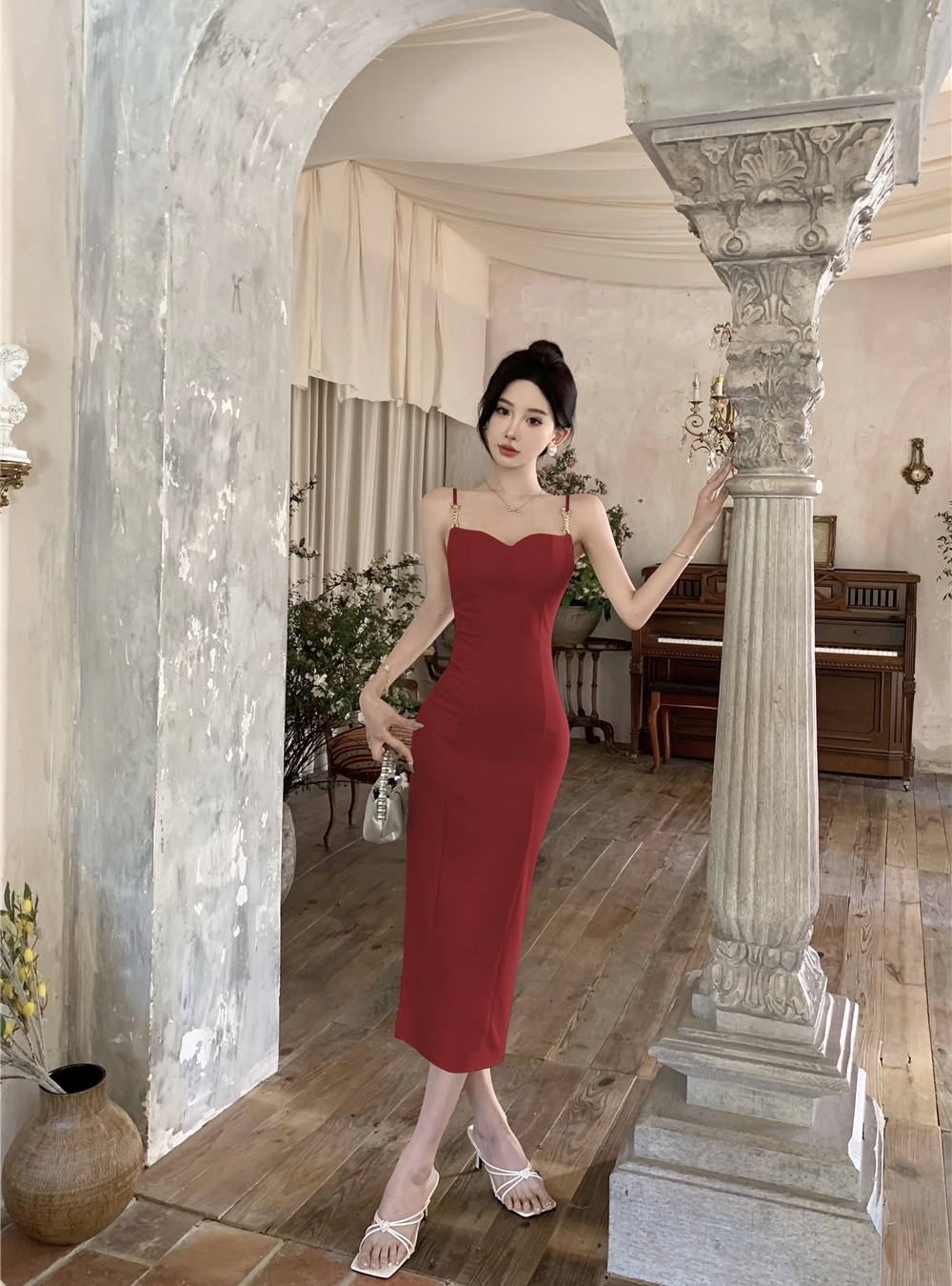 Retro metal buckles dress sling slim long dress