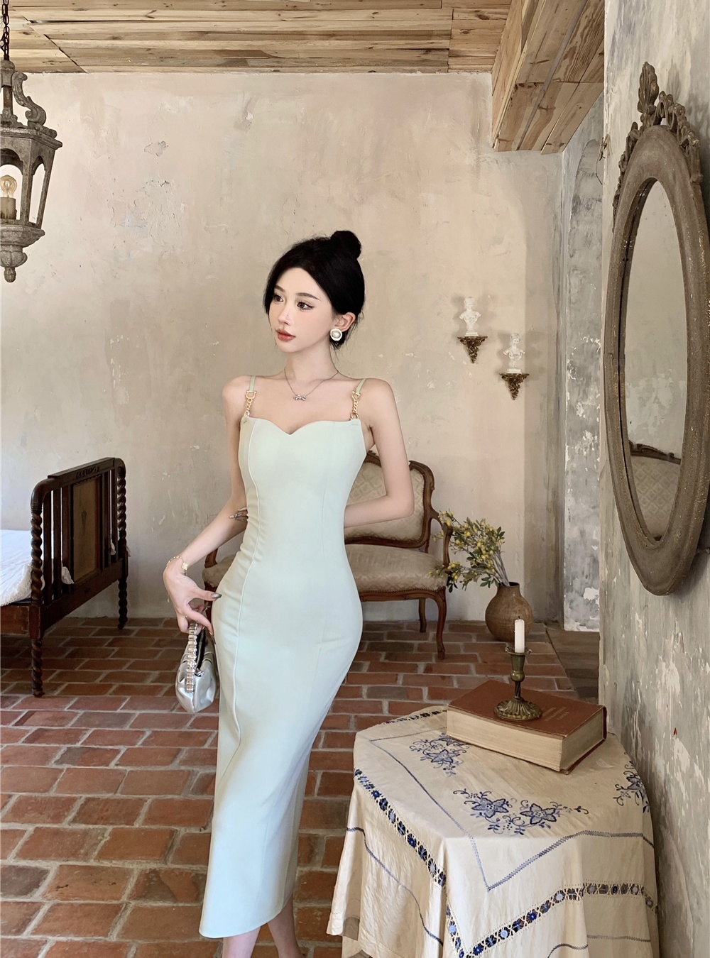Retro metal buckles dress sling slim long dress