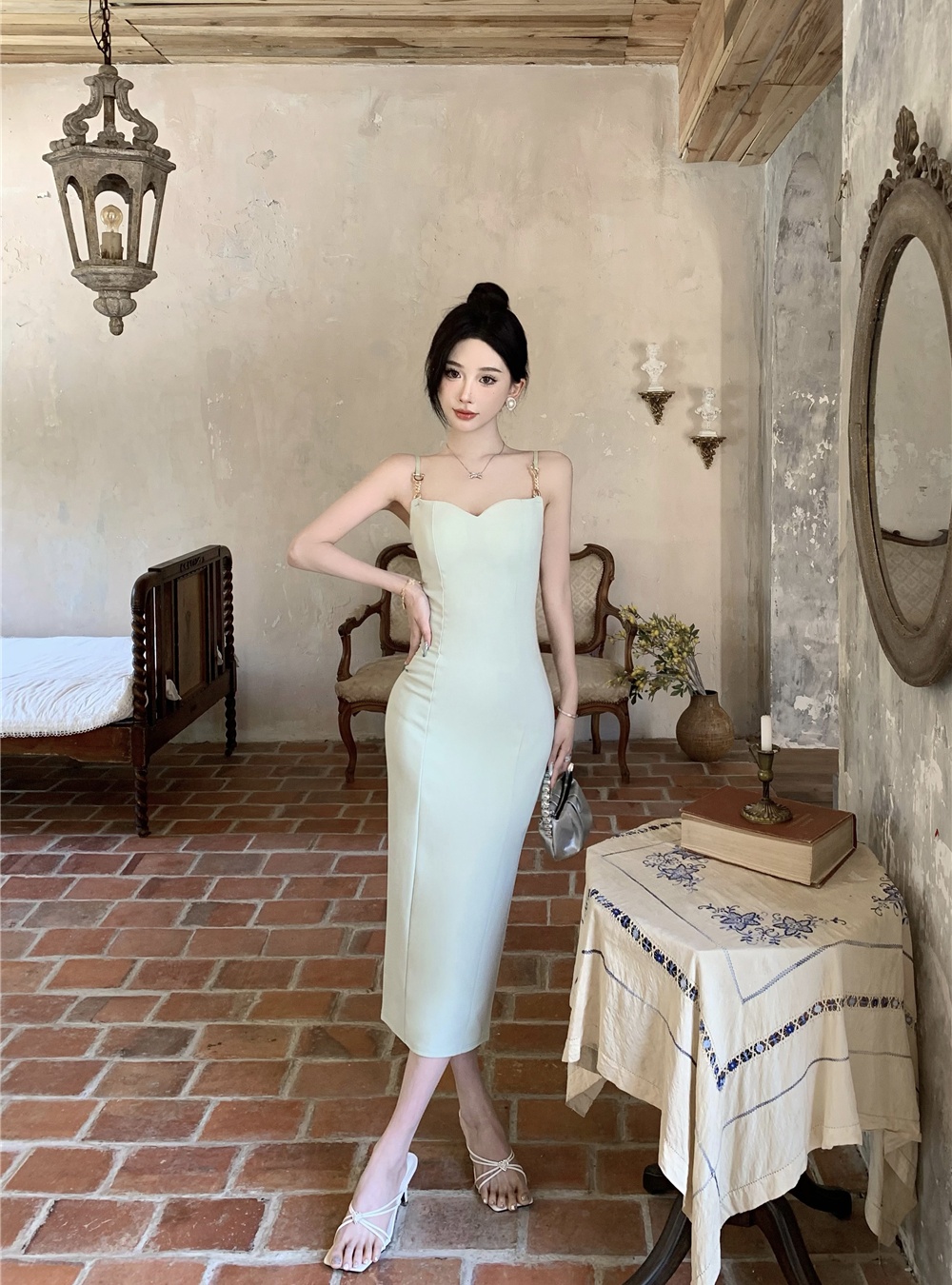 Retro metal buckles dress sling slim long dress