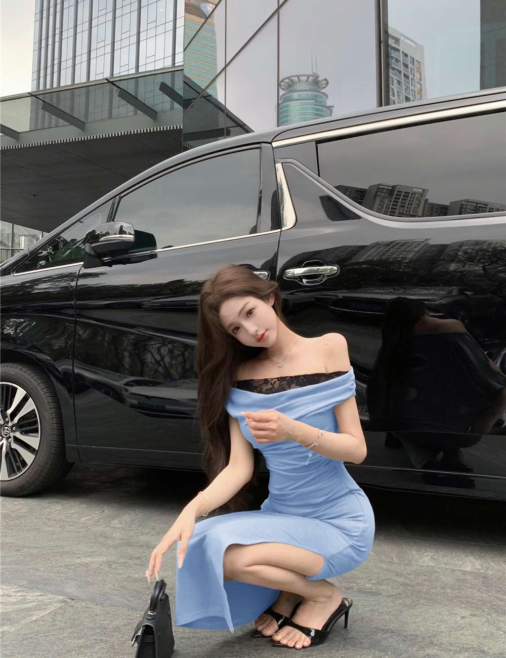 Sexy Pseudo-two flat shoulder sloping shoulder enticement dress