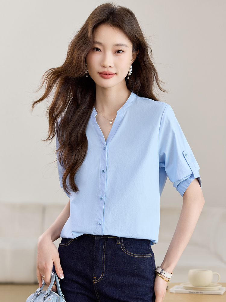 Commuting pure cotton shirt V-neck tops for women
