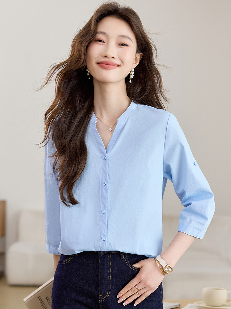 Commuting pure cotton shirt V-neck tops for women
