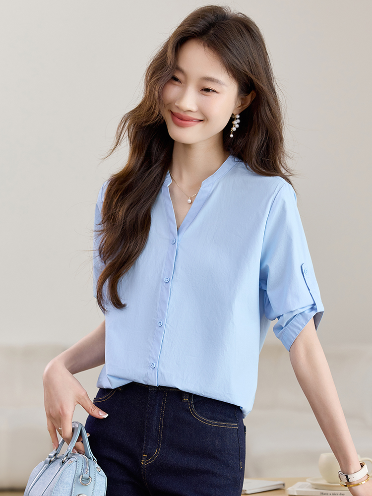 Commuting pure cotton shirt V-neck tops for women