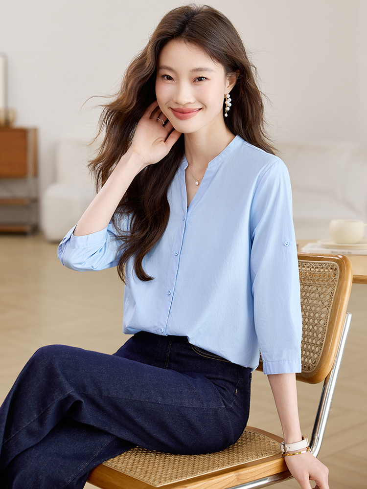 Commuting pure cotton shirt V-neck tops for women