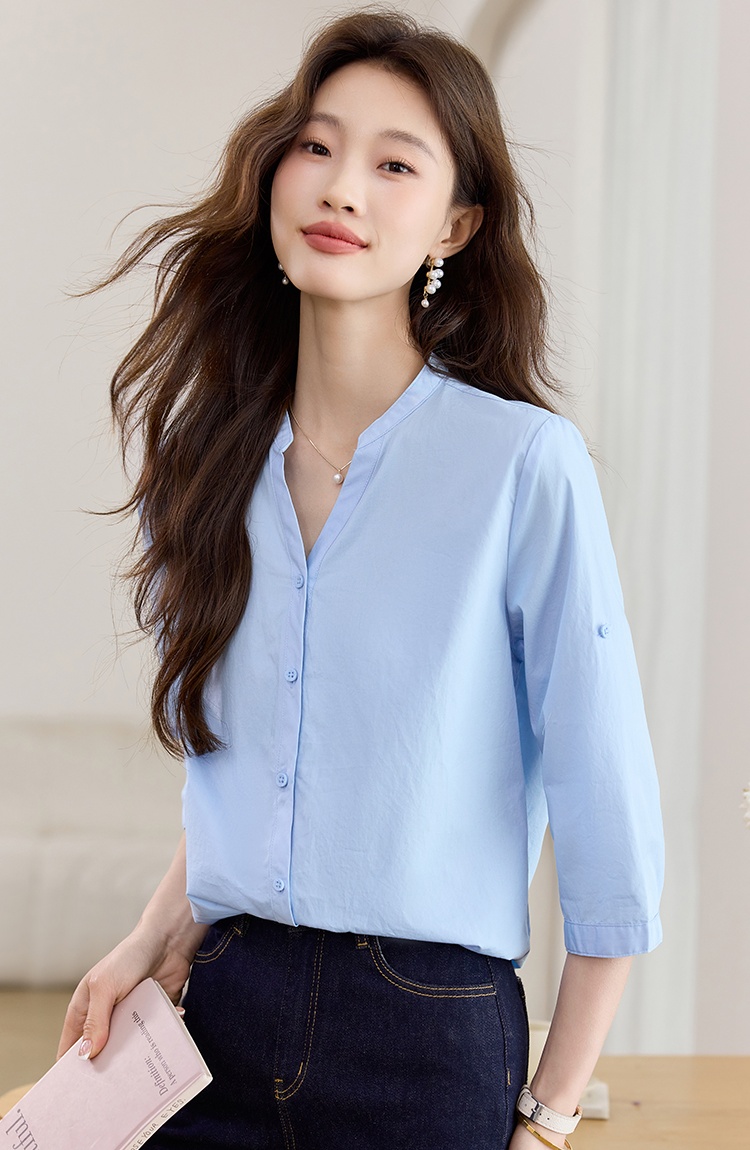 Commuting pure cotton shirt V-neck tops for women