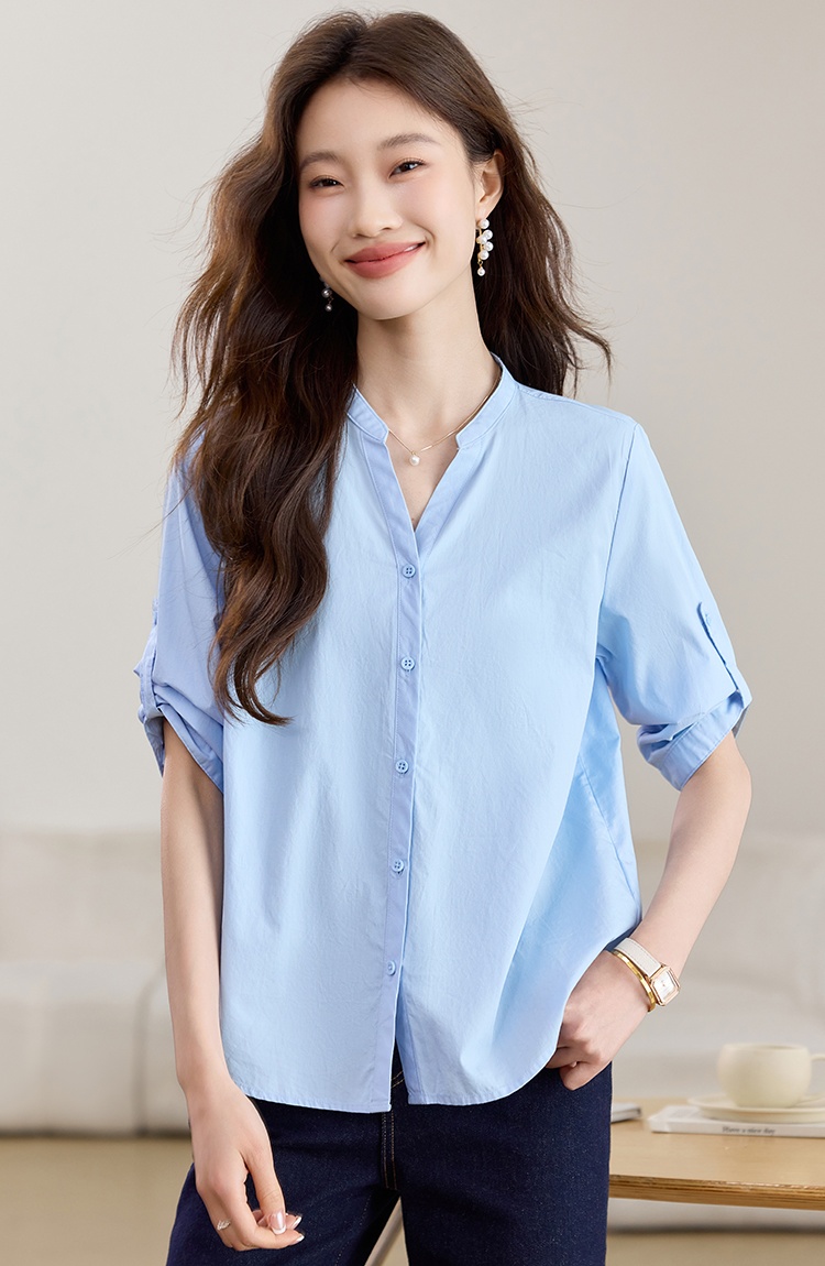 Commuting pure cotton shirt V-neck tops for women