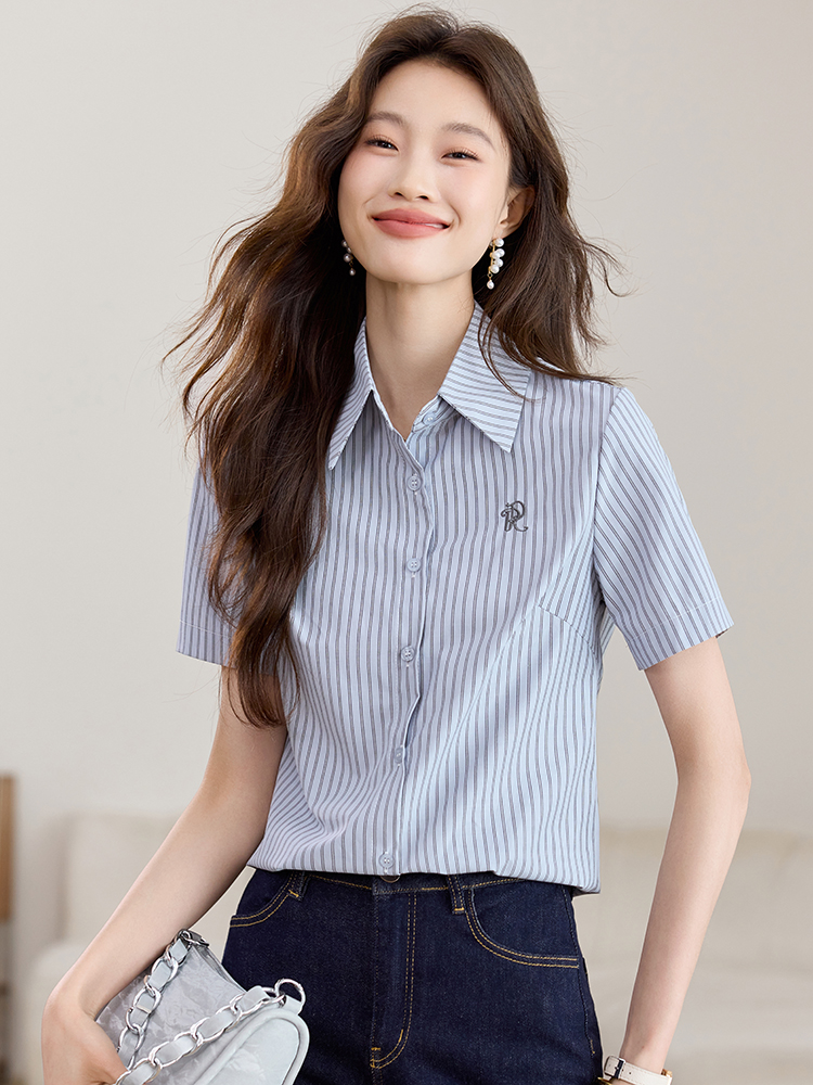 Commuting embroidery shirt vertical stripes summer tops