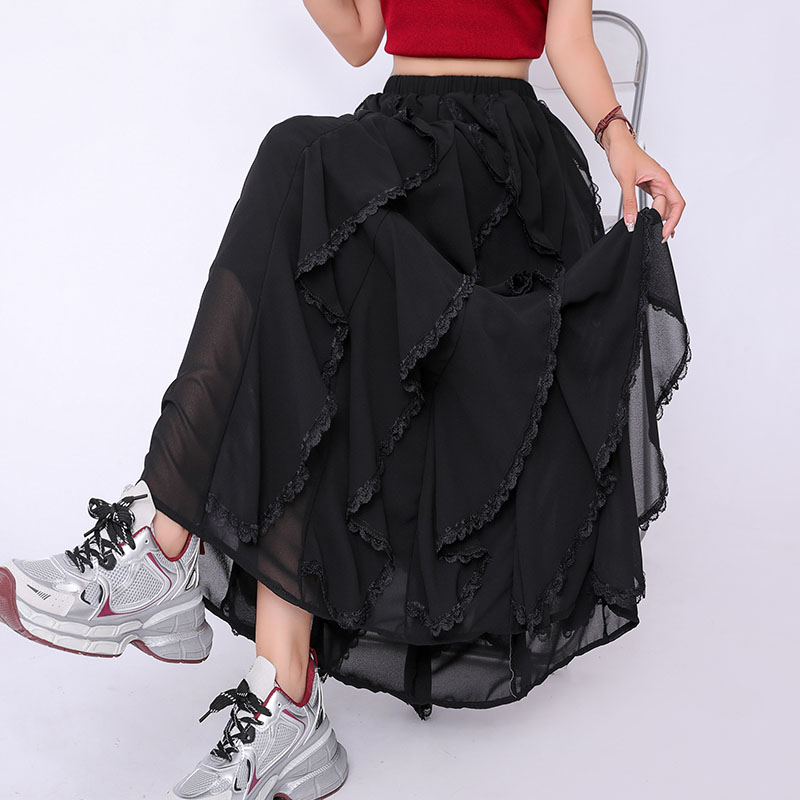 Irregular white lace skirt splice slim long skirt