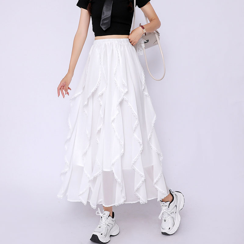Irregular white lace skirt splice slim long skirt